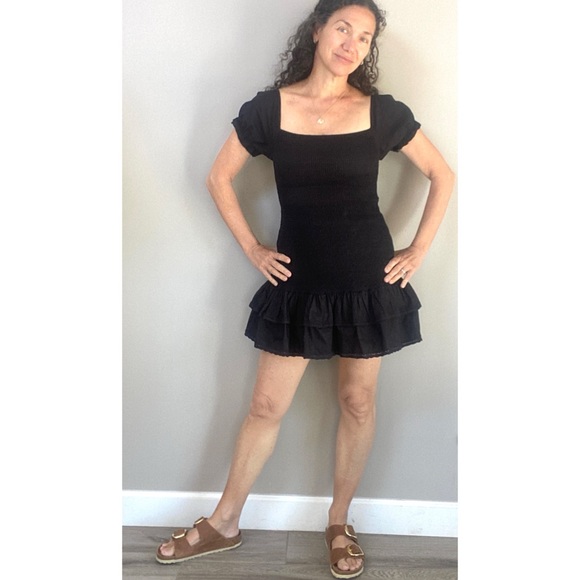 Maia Bergman Ada Smocked Black Puff Sleeve Drop Waist Mini Dress Size Small - Picture 3 of 12